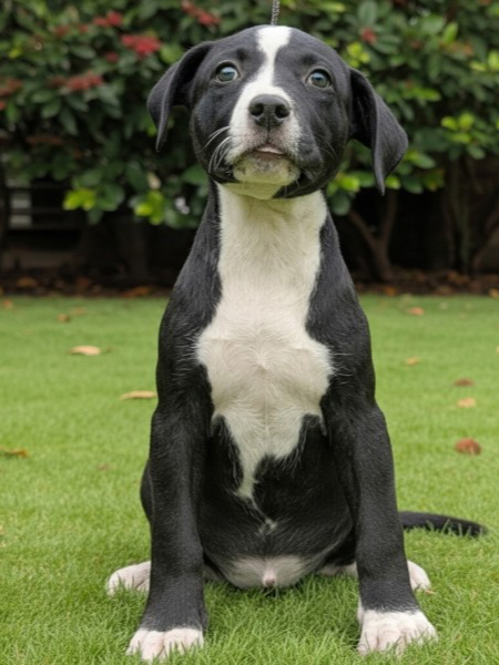 Black and white female XL American Bully puppy named Lyric for sale in Florida, sitting on green grass and looking up with alert eyes.