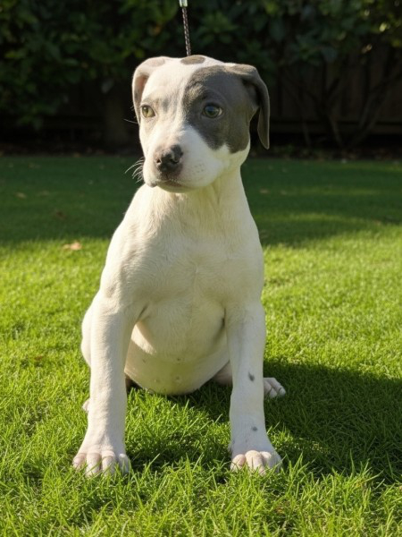 Blue and white female XL American Bully puppy named Halo for sale in Florida, with a soft temperament and unique face markings from the Bully x Precious litter