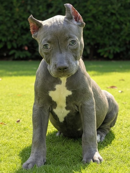 Gray female XL American Bully puppy named Luna from the Bully x Precious litter, for sale in Florida, with a calm temperament and striking slate coat
