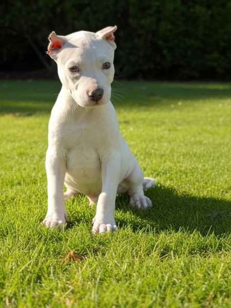 White male XL American Bully puppy named Blaze for sale in Florida, from the Bully x Precious litter, with cropped ears and a confident, alert stance