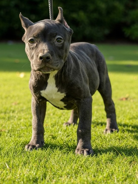 Black female XL American Bully puppy named Nyx for sale in Florida, from the Bully x Precious litter, with a strong build and intense gaze