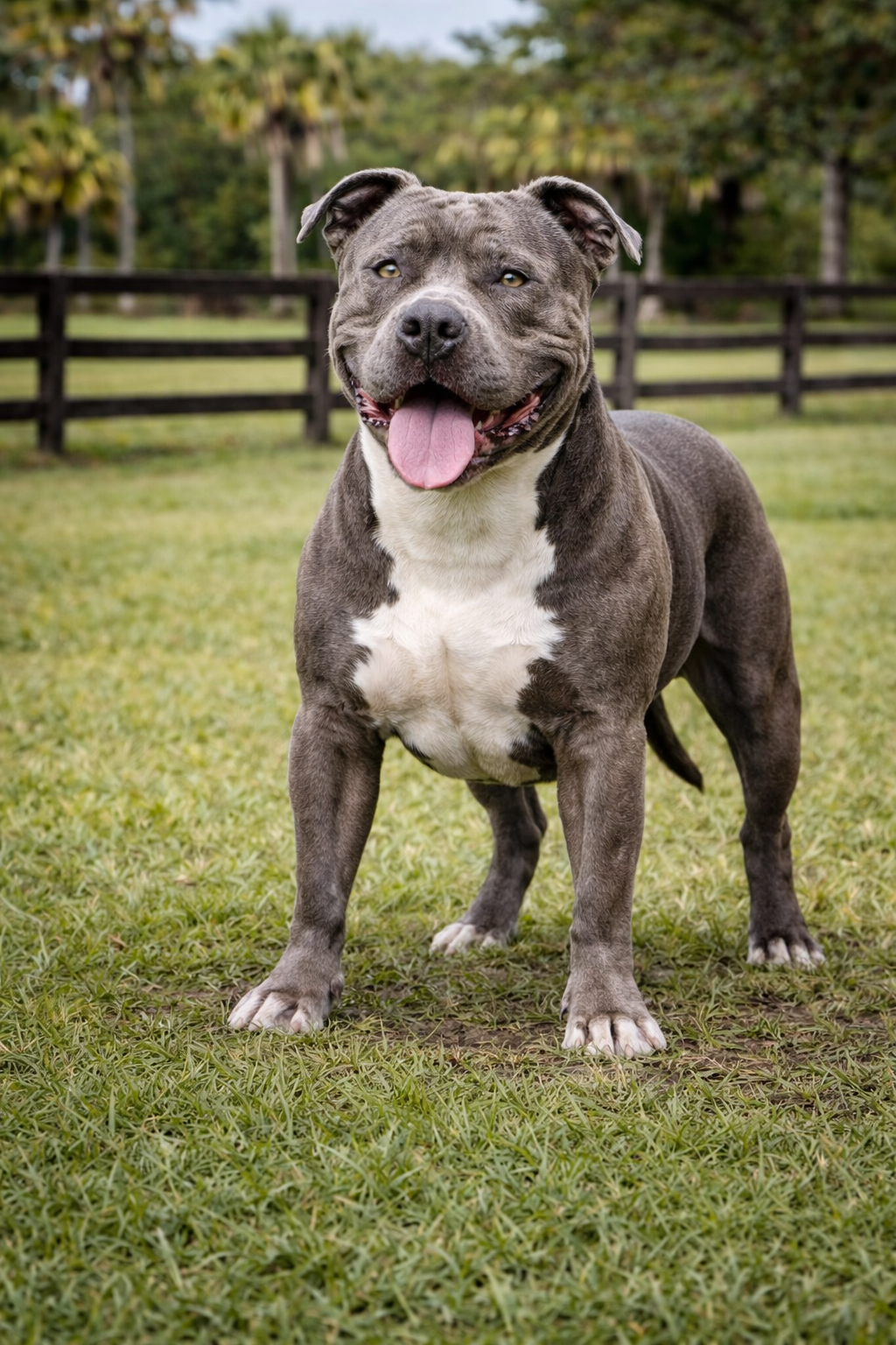 Blue Nose Pitbull standing on grass with athletic build and gray coat at a Florida-style outdoor setting