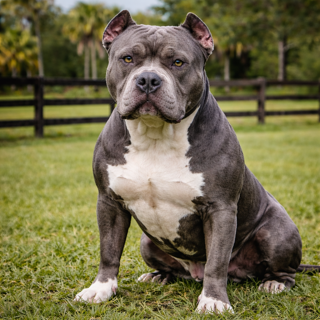 Blue Nose Pitbull with gray coat and athletic build sitting on grass with a muscular but lean frame
