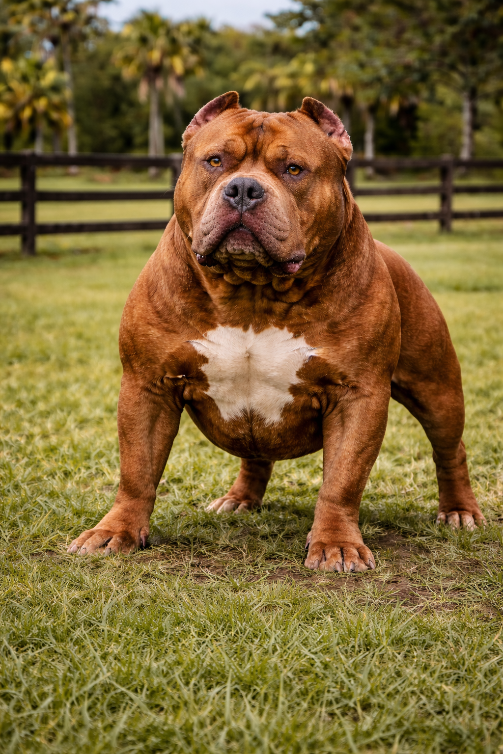 Brazilian Pit Monster standing on grass with massive build, wide chest, and heavy bone structure at a Florida breeding facility