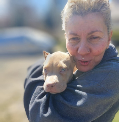 Pamela Painter Showtime Bullies customer cuddling her new XL American Bully puppy with blue eyes
