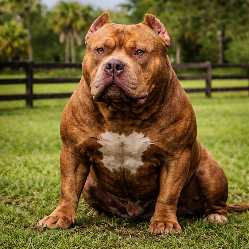 Brazilian Pit Monster with massive build and wide chest sitting on grass at a Florida breeding facility