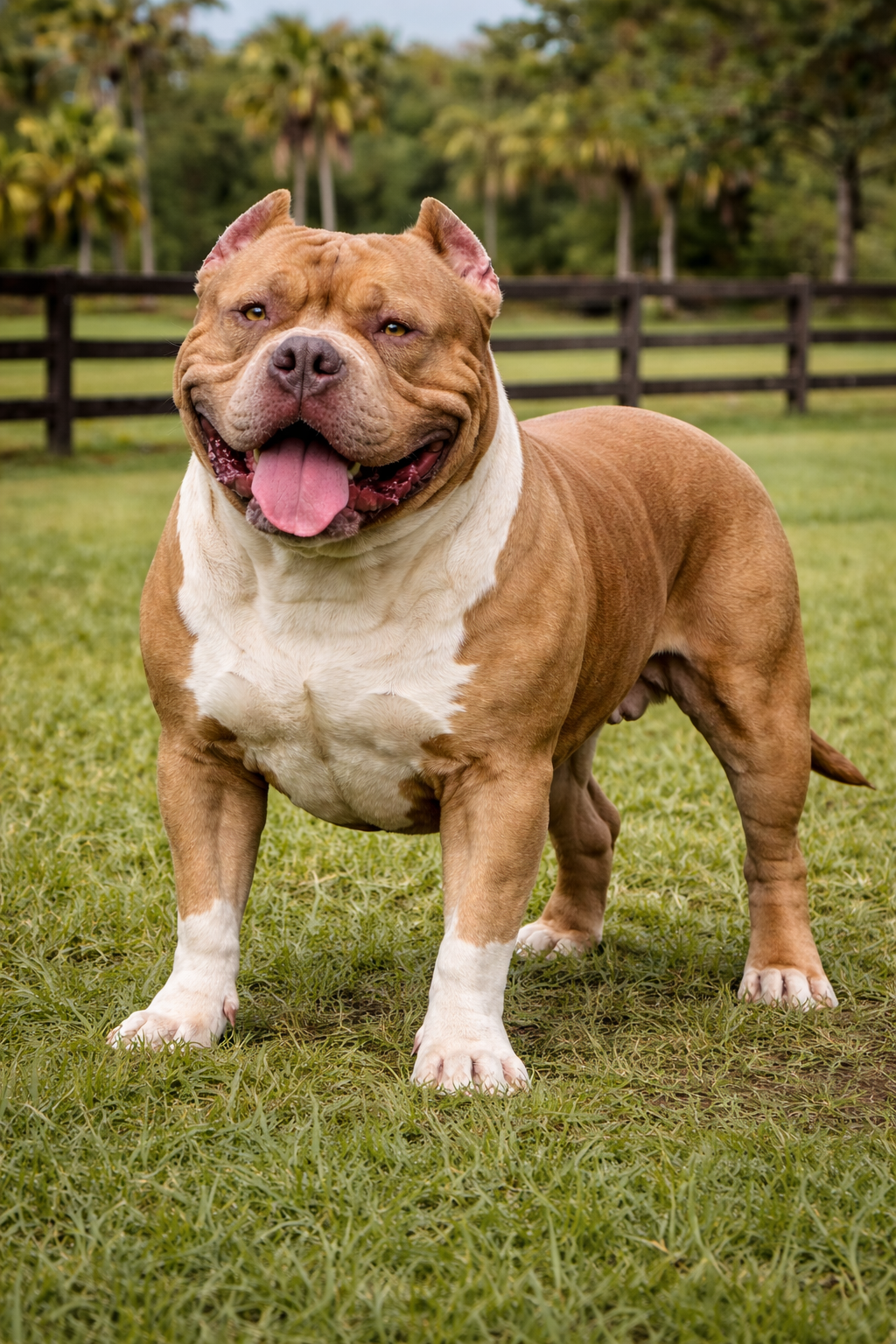 XL American Bully standing on grass with wide chest and muscular build at a Florida breeding facility
