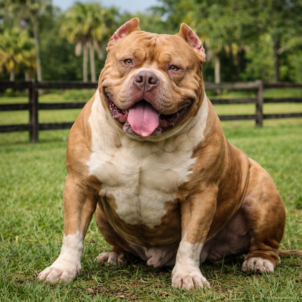 XL American Bully sitting on grass with muscular build and wide chest at a Florida breeding facility