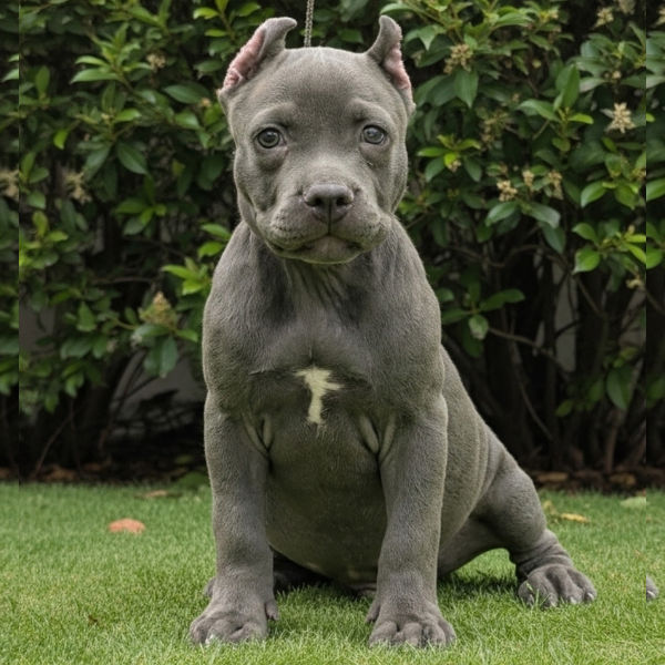 Mr. Benton – male XL American Bully puppy from Diesel x Daisy litter – blue coat with white chest – Showtime Bullies