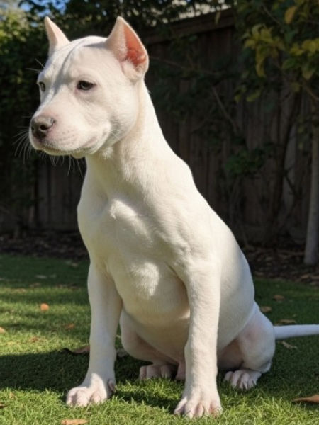White male XL American Bully puppy named Blaze for sale in Florida, from the Bully x Precious litter, with cropped ears and a confident, alert stance