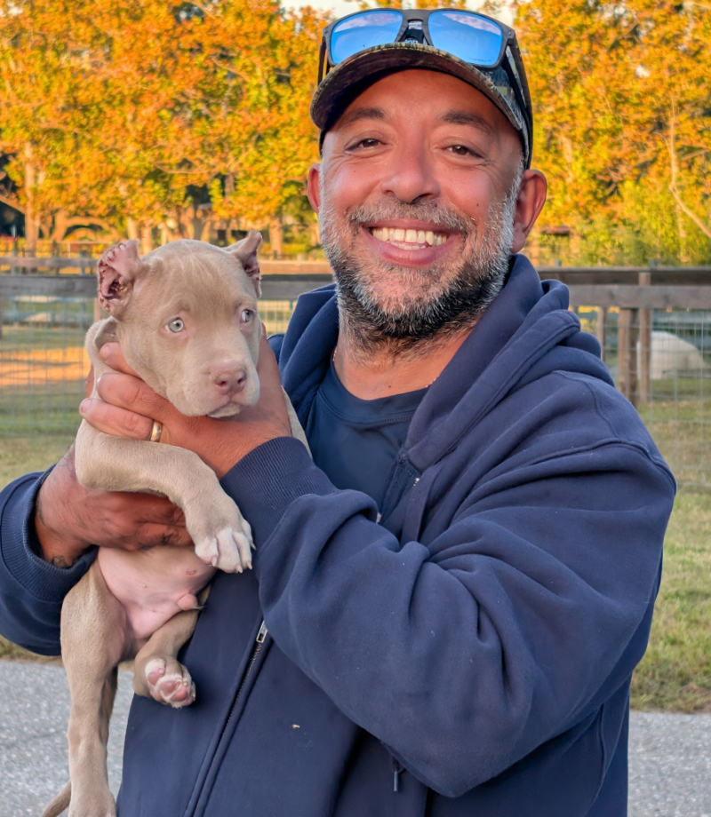 Showtime Bullies customer holding his XL American Bully dog, sharing a positive testimonial about the breeder