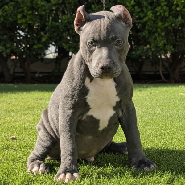 Mr. Clayton – male XL American Bully puppy from Diesel x Daisy litter – blue coat with white chest – Showtime Bullies