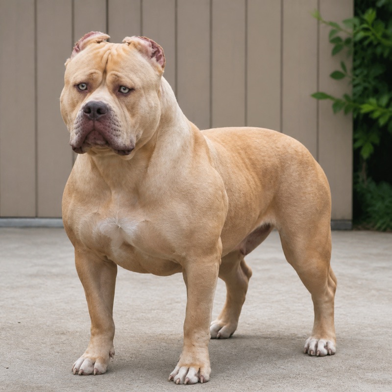 XL American Bully with a champagne coat sniffing the grass in a fenced outdoor area, showcasing a muscular build and focused stance.