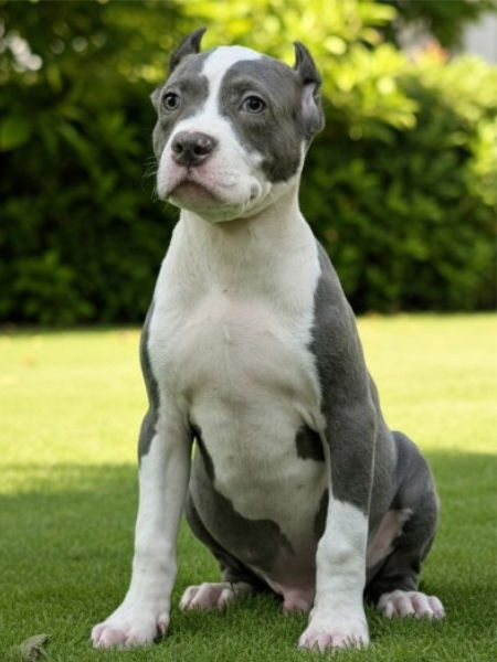 Male XL American Bully puppy named Titan for sale in Florida, from the Bully x Precious litter, with a powerful build, wide chest, and bold blue and white coat