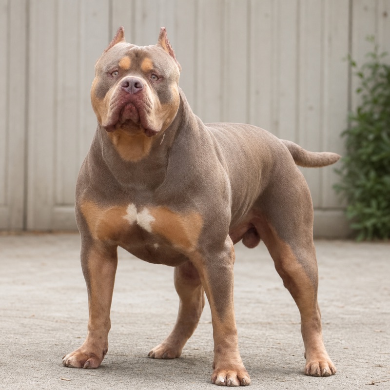 XL American Bully with a champagne coat, white chest, and distinct white facial stripe standing on grass with a fenced outdoor background.